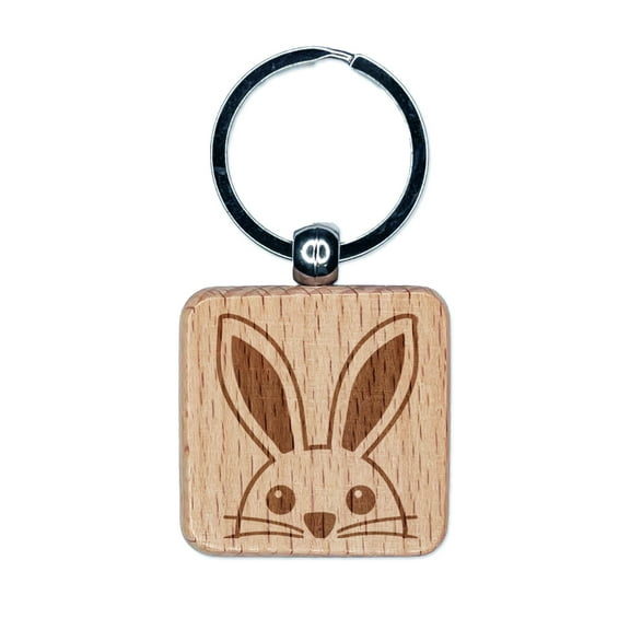 Peeking Bunny Rabbit Square Keychain Charm Tag - Engraved Wood