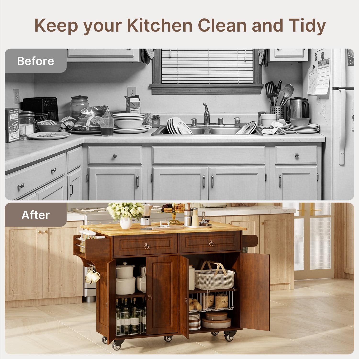 Noelse Rolling Kitchen Island Table with Storage, Drop Leaf Countertop, Kitchen Island with Rubber Wood Top, Cabinets & Rack, Brown