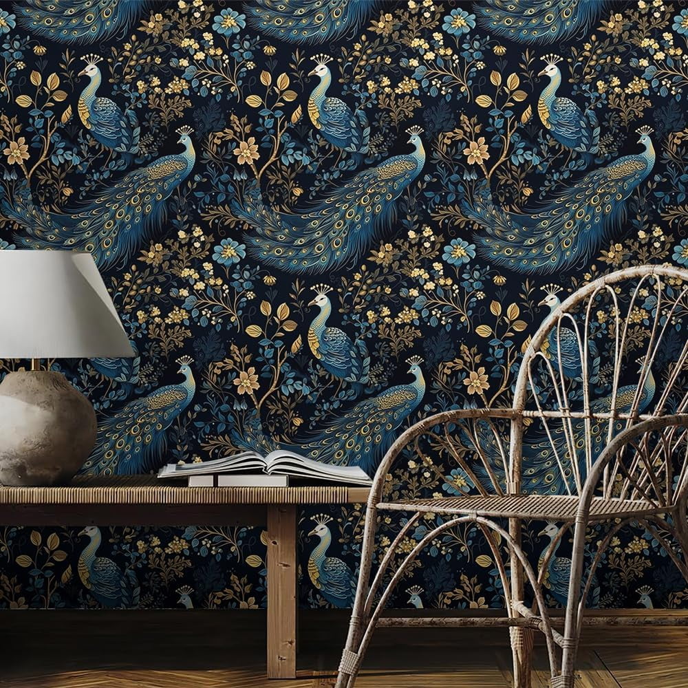 Gold/Yellow/Blue Peacock Animal Plants Dark Black Peel and Stick Wallpaper Stick on Contact Paper Vintage Wall Paper Easy Peel Off for nightstand Drawer Cabinet Renter
