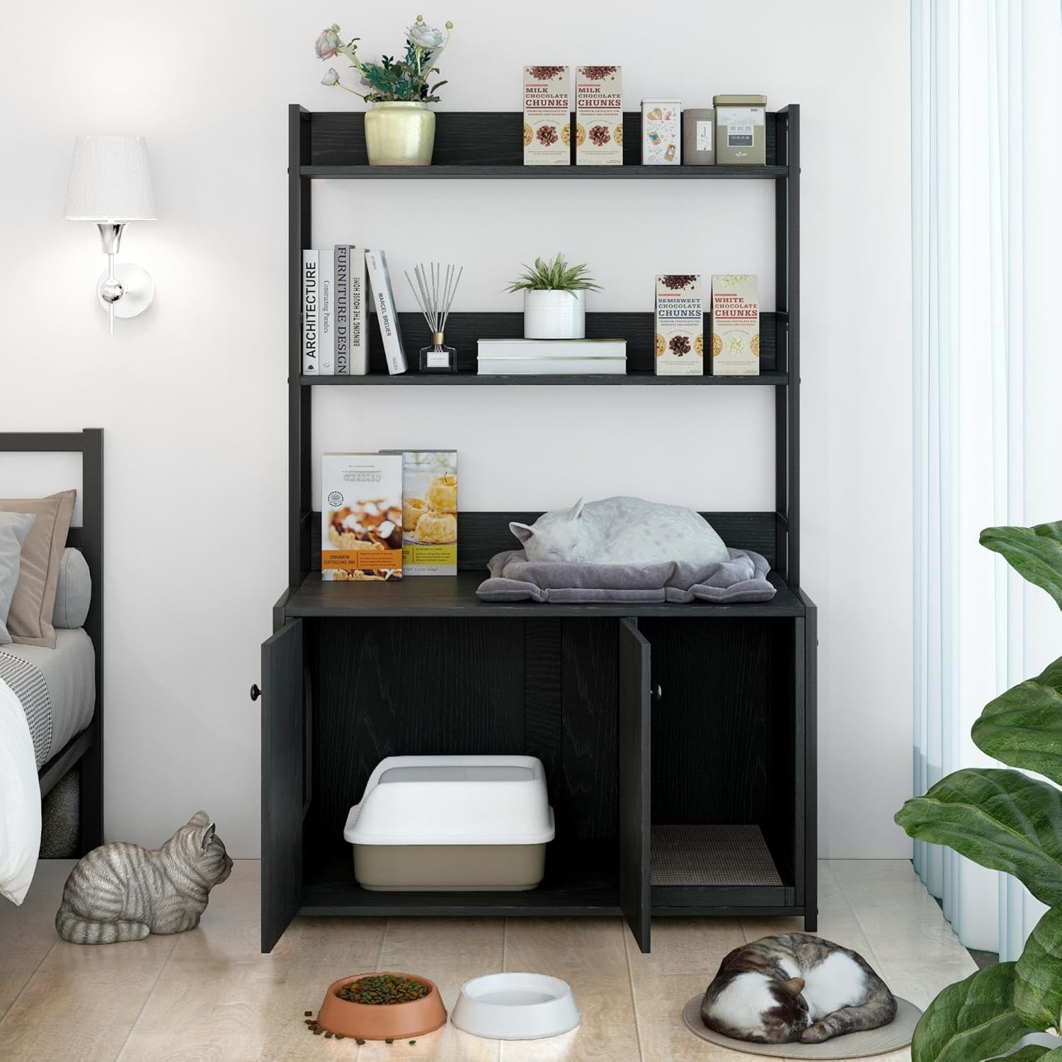 Litter Box Enclosure with Shelves, Wooden Hidden Cat Litter Box Enclosure Furniture with 2 Door, Indoor Cat House with Scratch Pad, Storage Cabinet Display Rack