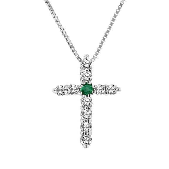 0.18ctw Emerald and Diamond Cross Pendant in 14k White White Gold