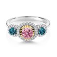 thumbnail image 2 of Gem Stone King 0.83 Ct Pink Lab Grown Diamond London Blue Topaz 925 Silver and 10K Yellow Gold 3 Stone Women Engagement Ring (Size 7), 2 of 3