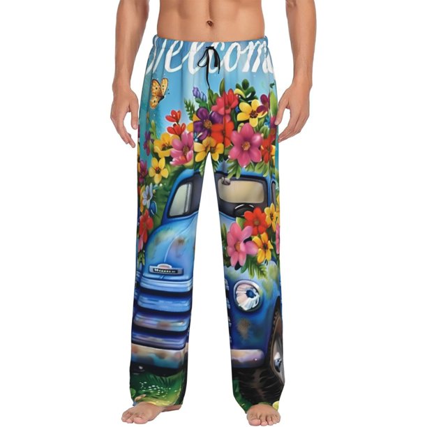 Fotbe Floral Truck Welcome Pantalones de Pijama para Hombre, Pantalones de Dormir, Pantalones de Casa con Cintura Ajustable y Bolsillos-Small