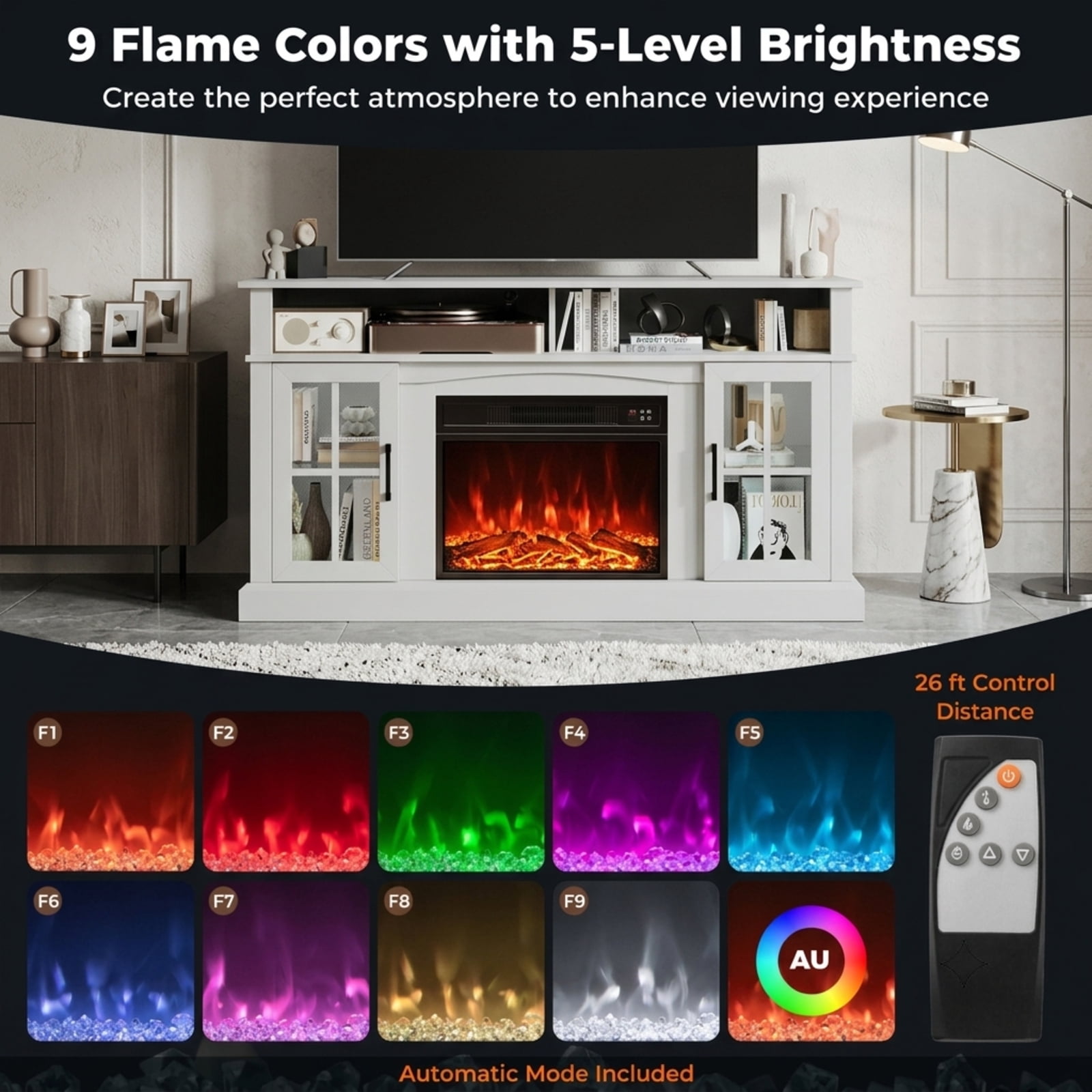 Furnibear 58 Inch Fireplace TV Stand Entertainment Center with LED Lights Storage Cabinets and Tempered Glass Doors for Living Room, White