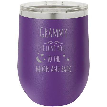 Grammy - I Love you to the moon and back Stainless Steel Engraved Insulated 12 oz Double-Walled Wine Tumbler with Clear Plastic Lid, Purple