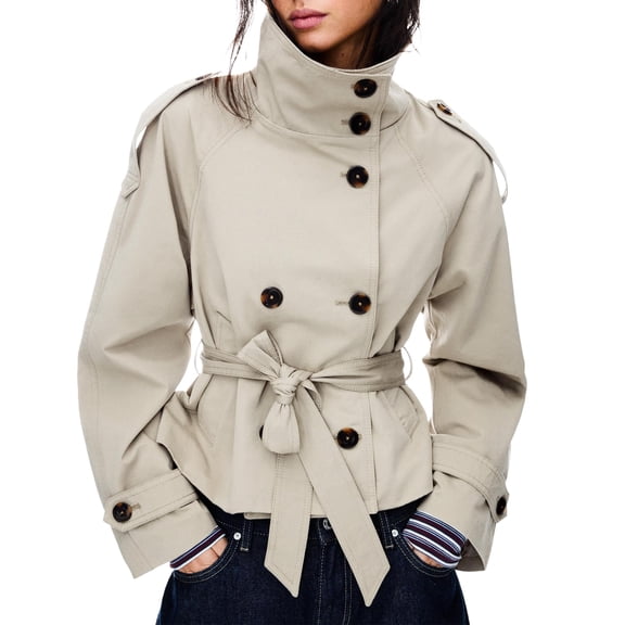 Womens Cropped Trench Coat Double Breasted Fall Belt Short Jacket High Collar Lightweight Outerwear