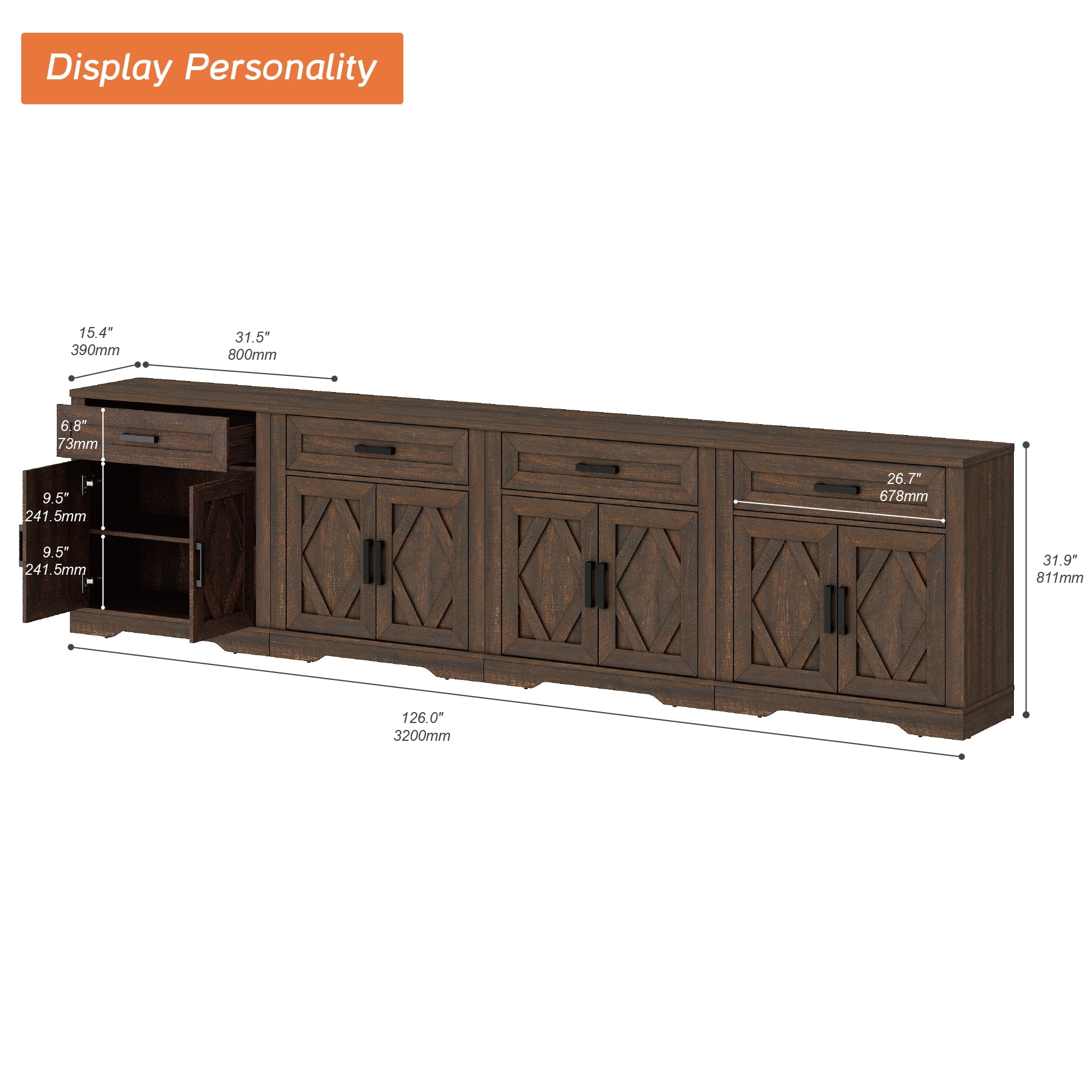 WAMPAT 126"W Large TV Stand,4-in-1 Farmhouse Entertainment Center with Storage Barn Door Cabinet,TV Console Table with Media Cabinet and Drawers for Living Room,Bedroom,Rustic Brown