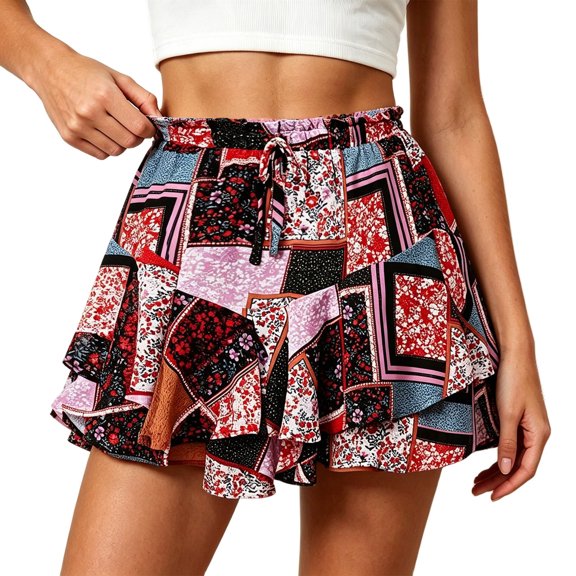 Arlun Summer Floral Boho Mini Skirts for Women Vintage Drawstring Elastic Waisted Chiffon Ruffle Layered A Line Skirt with Inner Lightweight Comfort Elegant Short Skirts 13-Grey XL