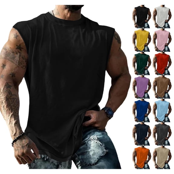 Blekii Men's Sleeveless Muscle Tank Top Cotton Blend Breathable Crew Neck Workout Shirt Olive Green L