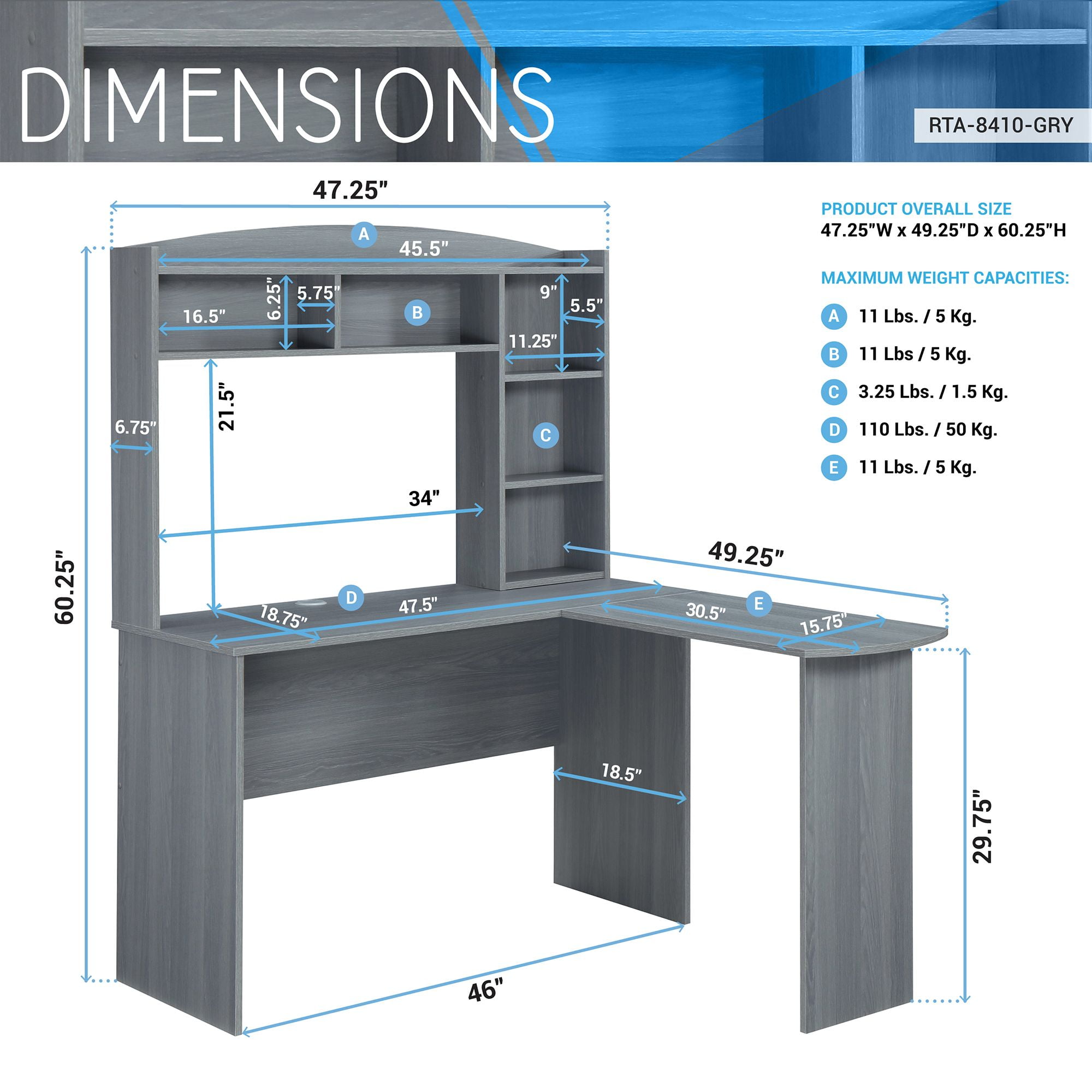 Techni Mobili Modern L-Shaped Desk with Hutch, Gray