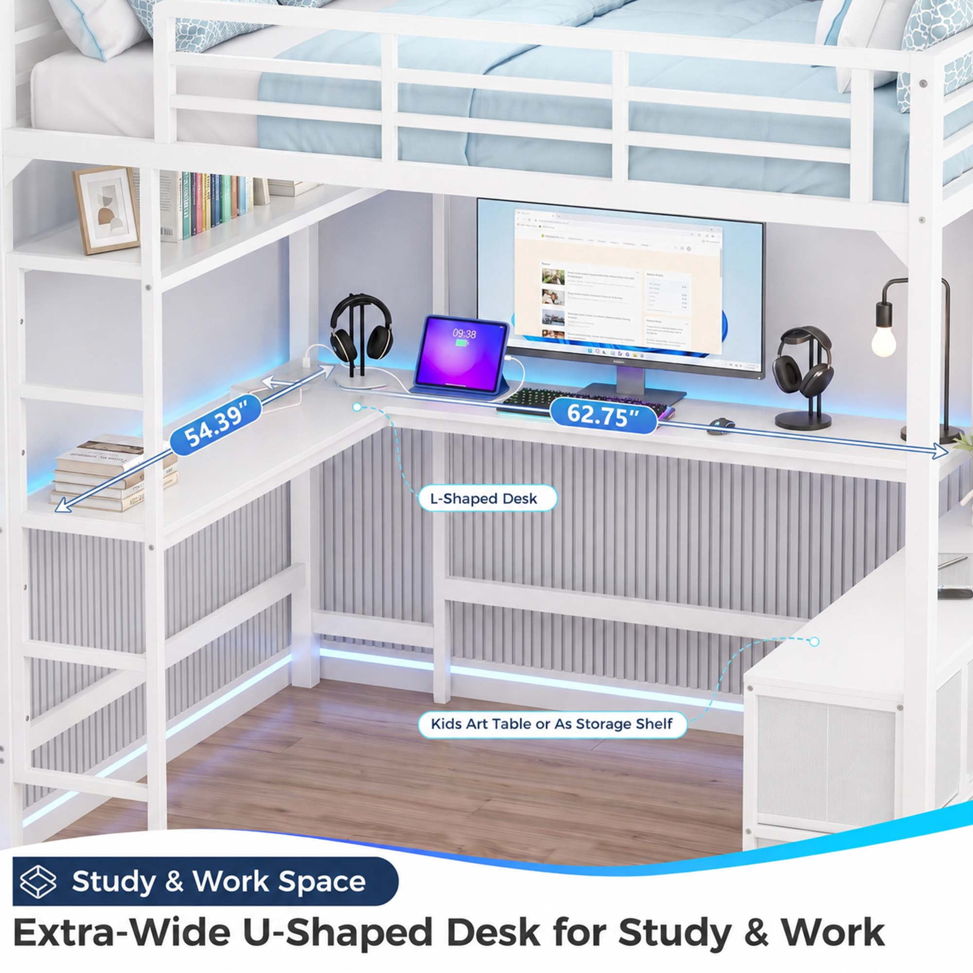 Miniyam Full Size Metal Loft Bed with Desk, 7 Drawers, LED & Charging Station, White