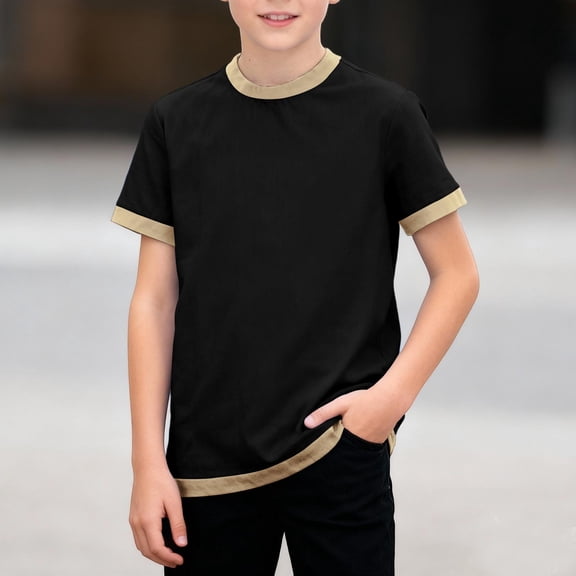 LJEFF Boys Contrast Trim Crew Neck T-Shirt, Casual Lightweight Breathable Stylish Soft Kids Fashion Top Black Size 6