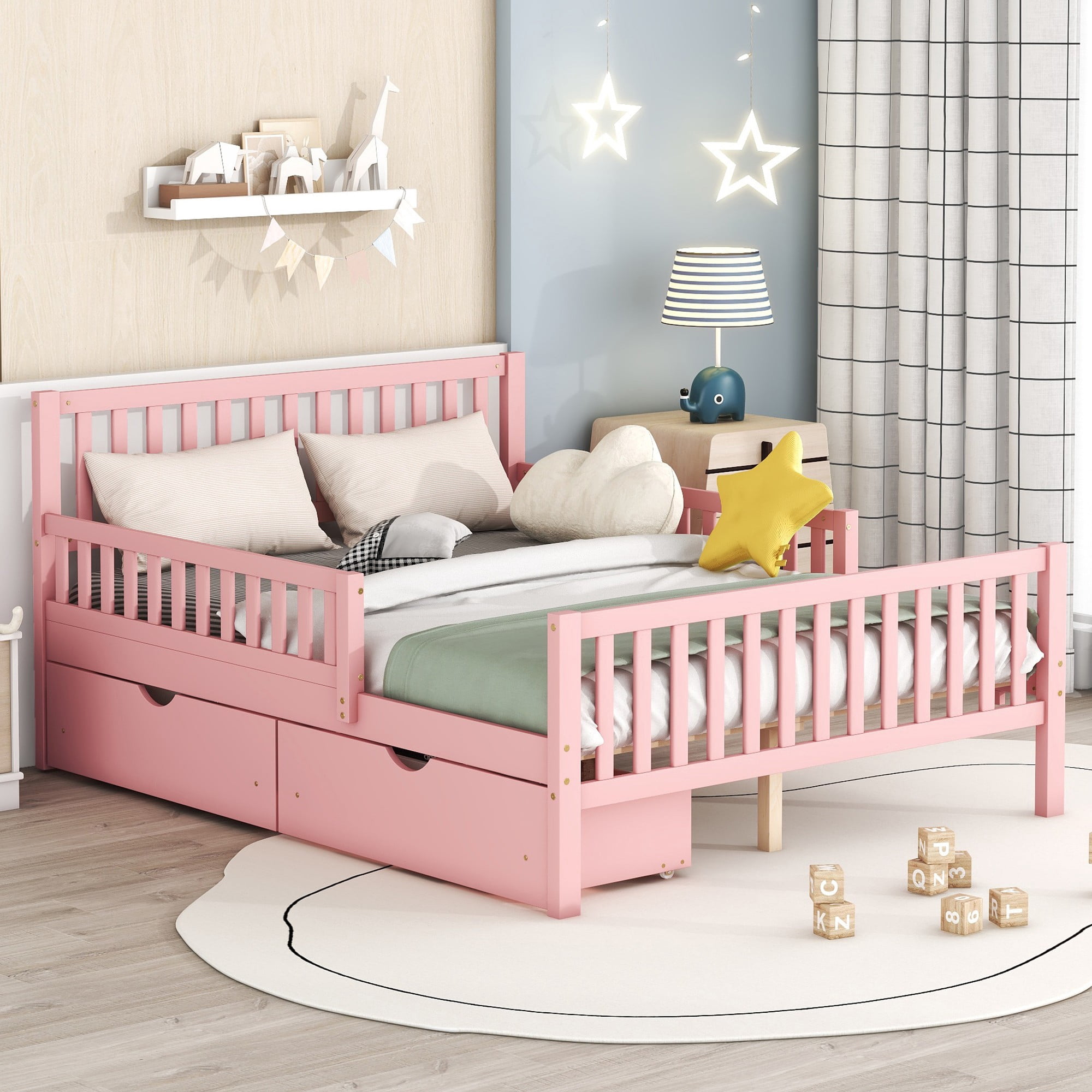 Aukfa Full Size Platform Bed with Storage Drawers and Safe Rails, Wood Bed Frame, Pink