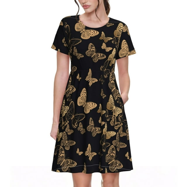 Saiise Robe d'Été Moderne à Motif de Papillon Doré pour Femmes, T-Shirt Décontracté à Manches Courtes, Robe Soleil Fleurie, Couvre-Maillot de Plage avec Poches