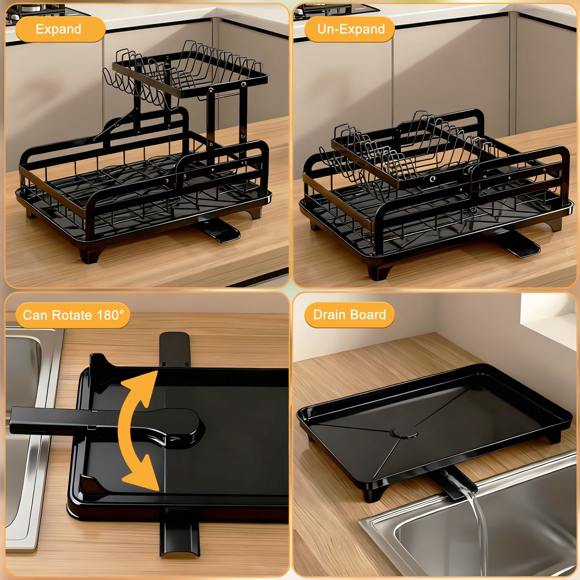 2-Tier Dish Drying Rack,Carbon Steel Dish Rack with Cutlery Holder for Kitchen Counter,Black