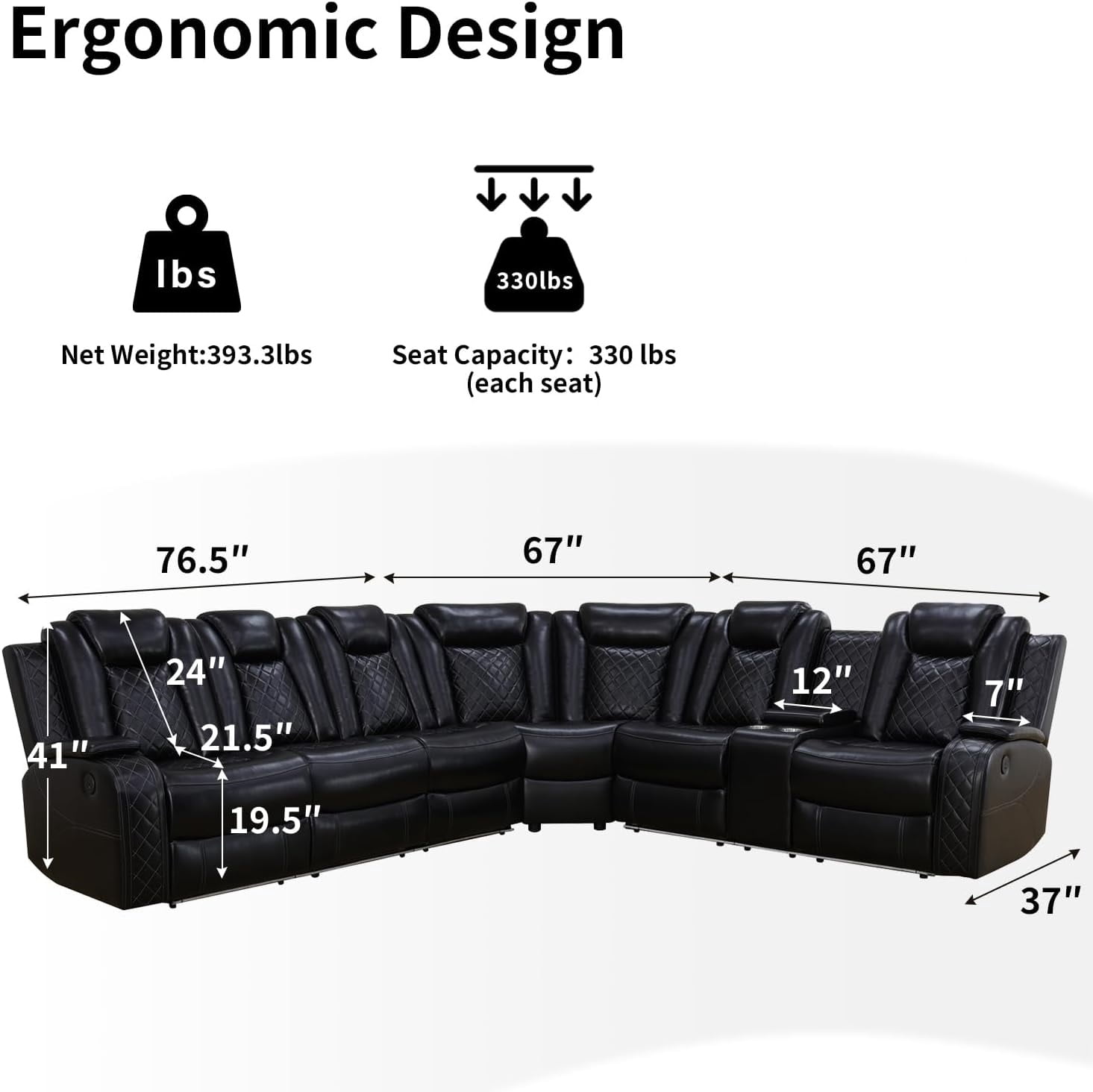 TrumanPick Power Electric Recliner Leather Sofa Chair Set with LED Lights Couches for Living Room Furniture with USB Port, Cup Holders, Black