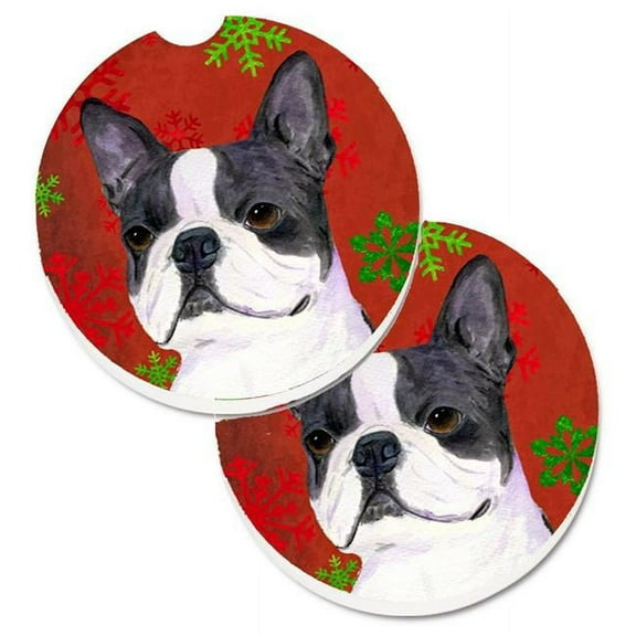 Boston Terrier Red & Green Snowflakes Christmas Set of 2 Cup Holder Car Coaster