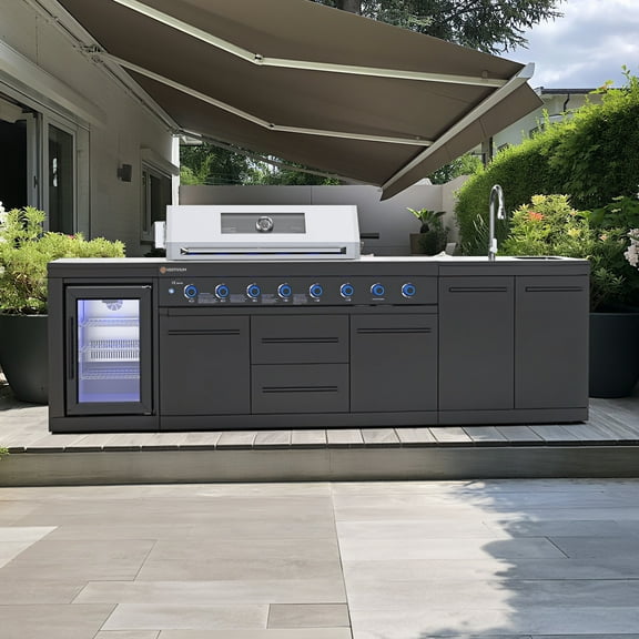 6 Burner 99,500 BTU Outdoor Kitchen Island with Fridge & Sink, Stainless Steel BBQ Grill with Black Granite Countertop,3-Piece Set  All-in-One Patio Cooking Station