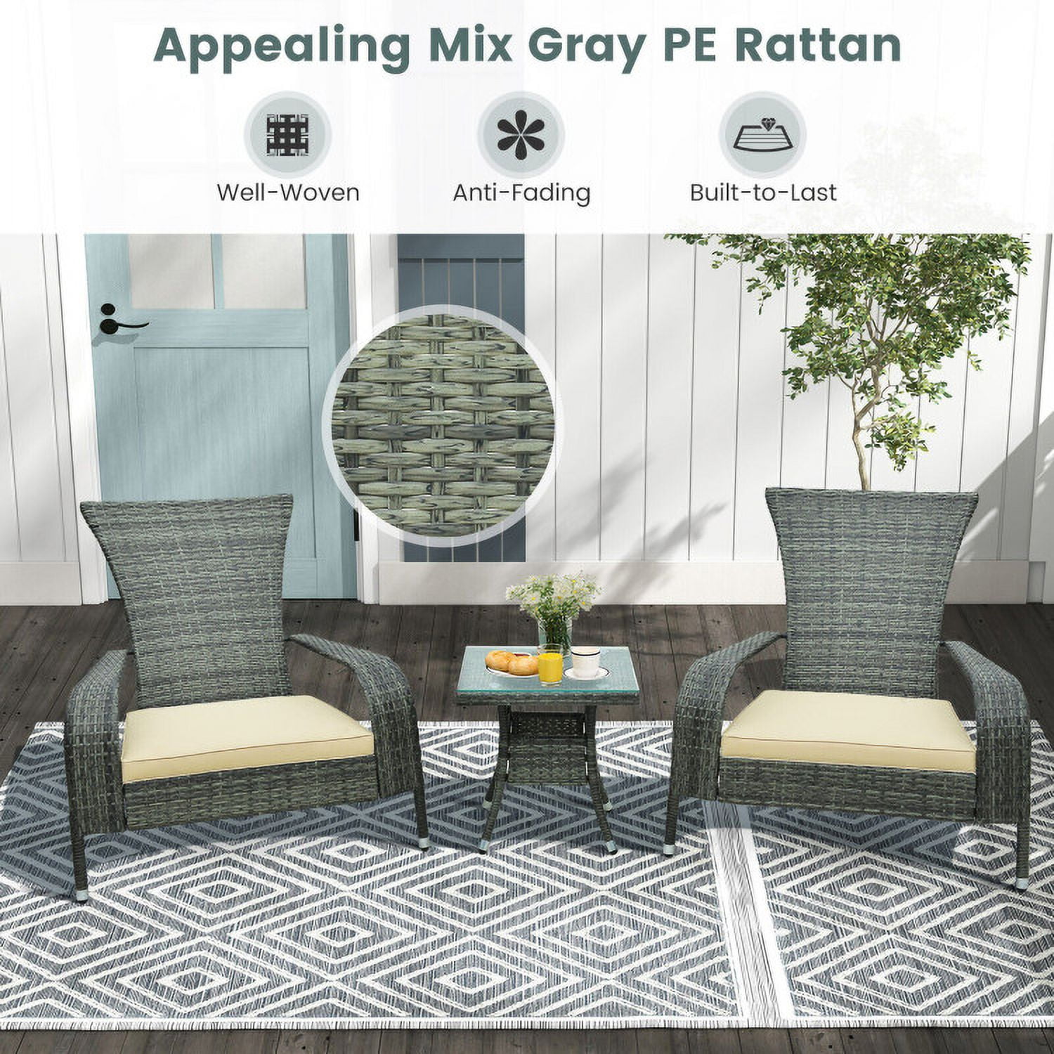Aimee Lii 3-Piece Wicker Conversation Set with Comfy Seat Cushions, Outdoor Patio Furniture, Gray Aimee Lii 3-Piece Wicker Conversation Set with Comfy Seat Cushions, Outdoor Patio Furniture, Gray