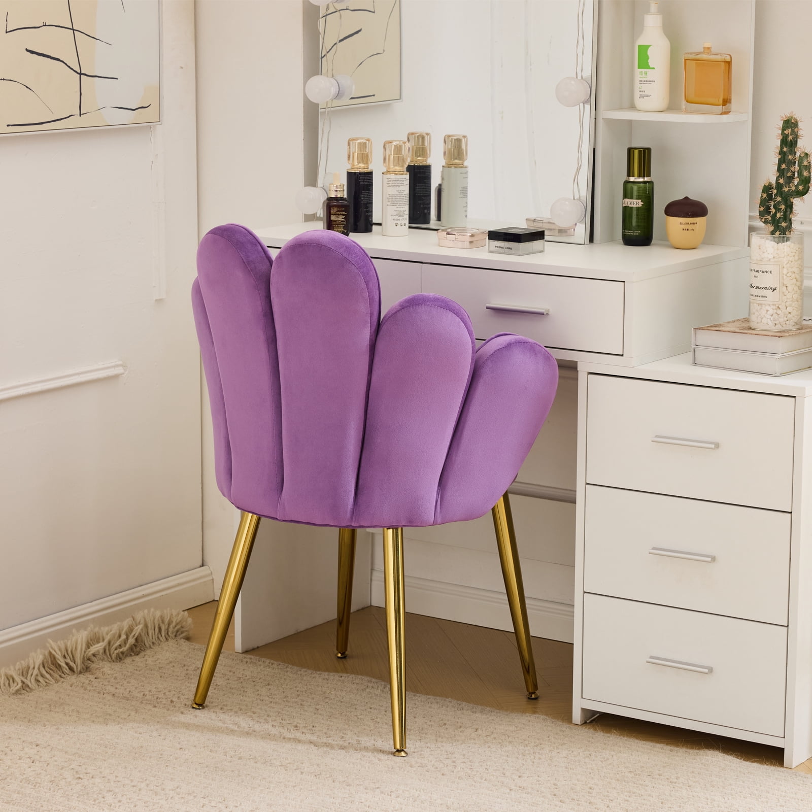 Ktaxon Vanity Makeup Chair Comfy Accent Chair Small Office Chair with Flower Back and Lumbar Pillow for Living Dining Room Bedroom Home Office Velvet Purple