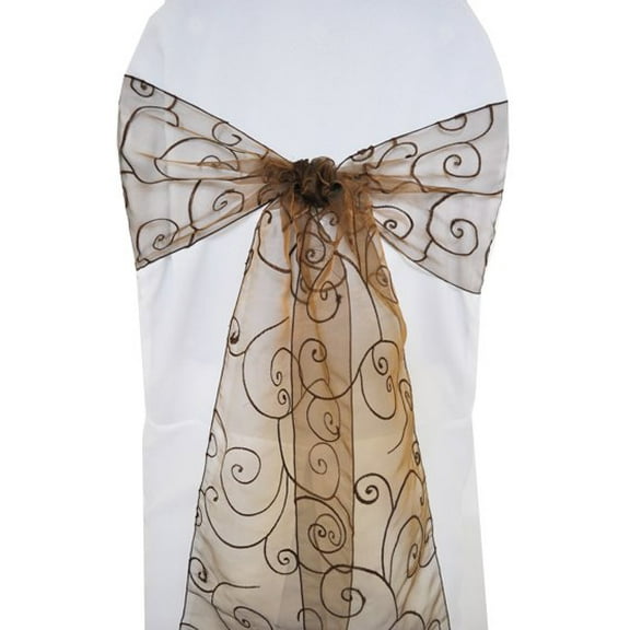 Wedding Linens Inc. (10pcs) 8'' x 108'' Embroidered Organza Sheer Chair Sashes Chair Bow Ties - Chocolate