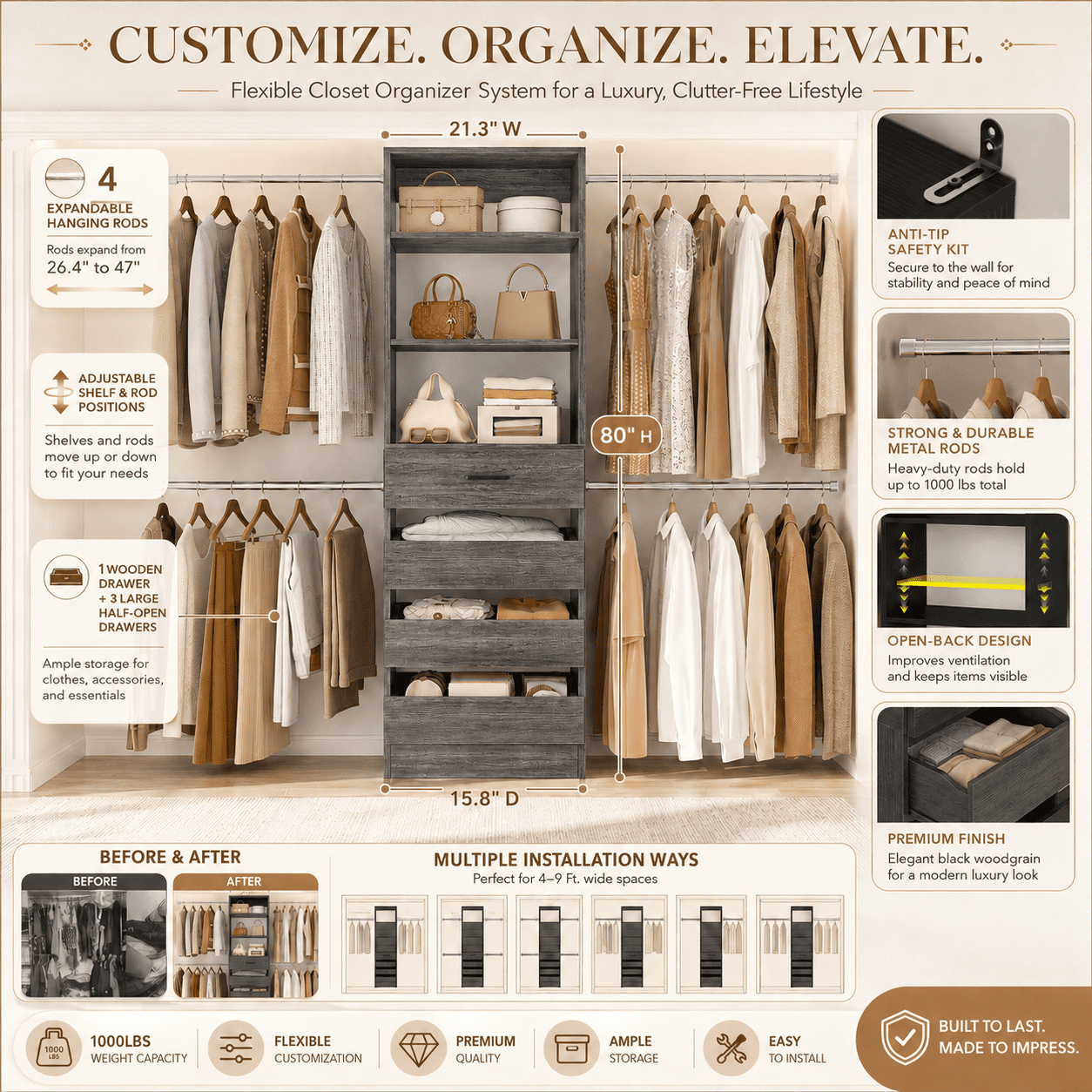 Homieasy 4-9 Ft Adjustable Wooden Closet Organizer System with 4 Drawers, 4 Hanging Rods & Shelving Towers - Heavy Duty Walk-in Wardrobe Rack, Space-Saving Design, Easy Assembly,Gray Oak