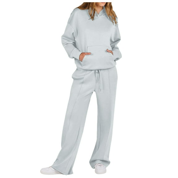 Fiaer,Loose Fit Plus Size Hooded Sweatsuits Sets for Women,Long Sleeve Hoodies and Lace up Straight Pants 2 Piece,Womens Casual Trendy Solid Lightweight Tracksuit Set Silver XL