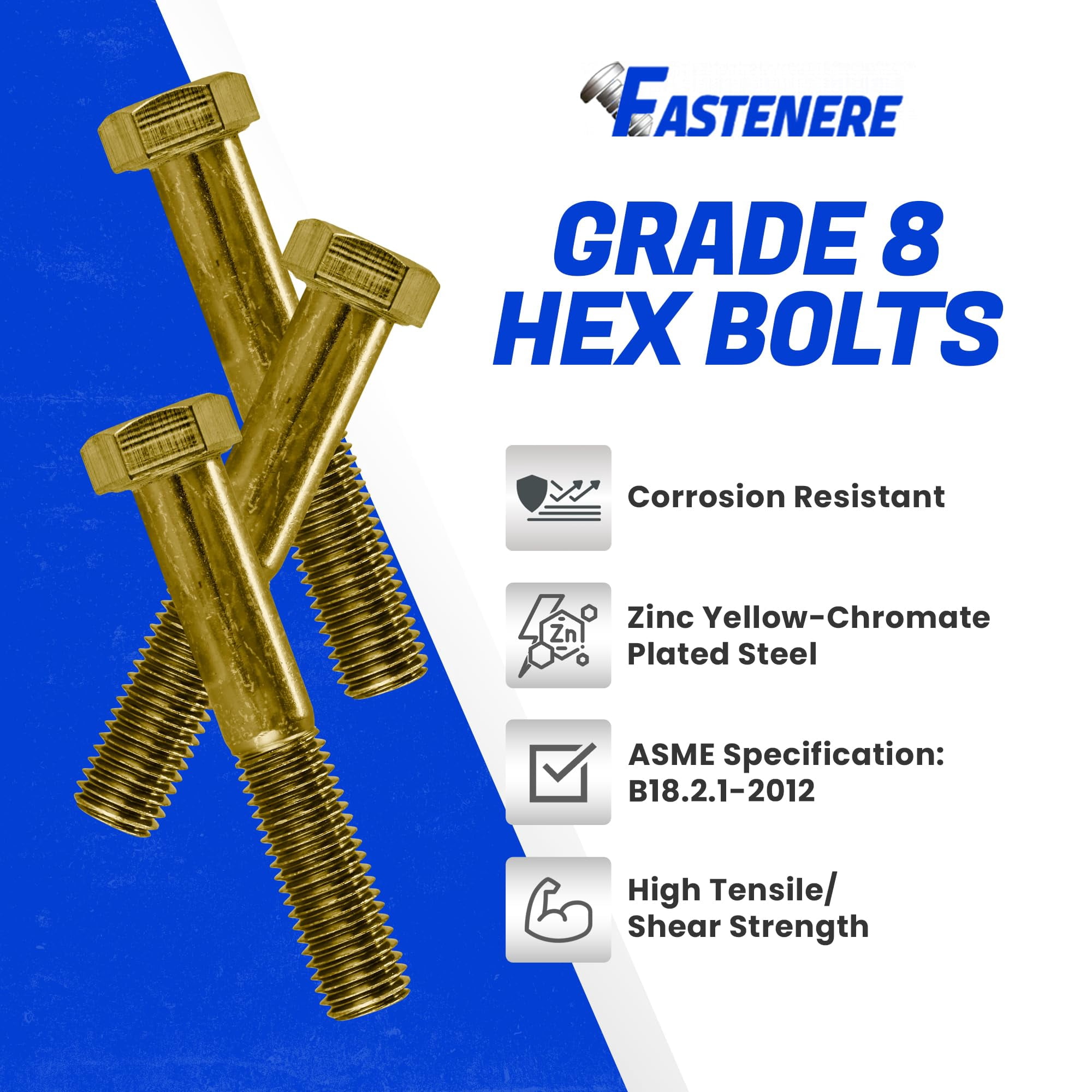 Fastenere 7/16"-14 x 2-1/2" Hex Bolts Grade 8 Zinc Yellow-Chromate Plated Steel, Partial Threaded Durable Hex Bolts for Machinery & Construction, Rust-Resistant, Heavy-Duty Fasteners, Pack of 10