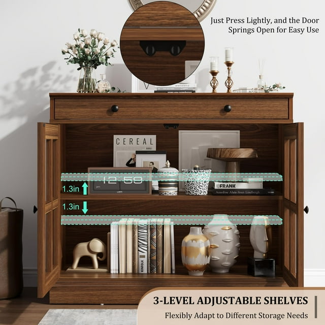 Modern Red Walnut Sideboard Buffet Cabinet with Glass Doors and Drawers – Adjustable Shelf – Coffee Bar Console Table for Dining Room, Kitchen, Entryway Storage – Color: Red Walnut