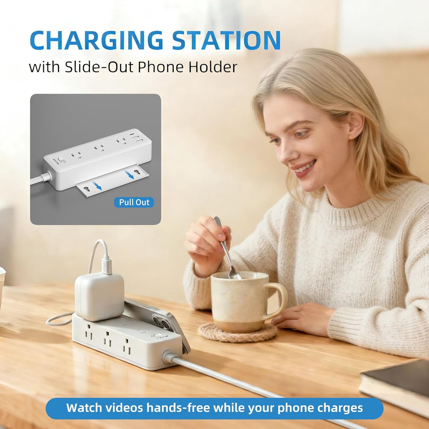 5 FT Extension Cord with Multiple Outlets, Flat Plug , 6 Outlet Extender with 3 USB Ports, with Surge Protector, Wall Mounted for Home, Office, Dorm, Kitchen, White