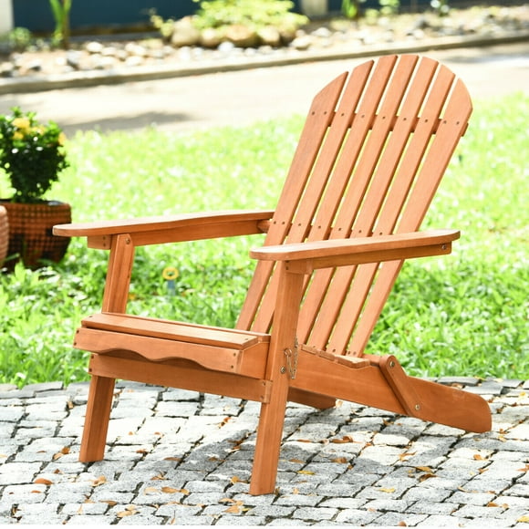 Gymax Eucalyptus Adirondack Chair Foldable Outdoor Wood Lounger Chair Natural
