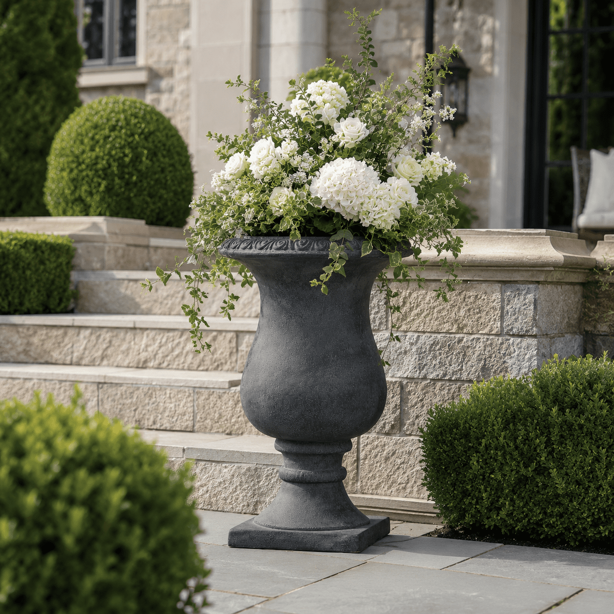 Aukfa Large MGO Garden Urn Planter, Outdoor Tall Decorative Stone-Look Flower Pot with Drainage Hole & Weather-Resistant, Black