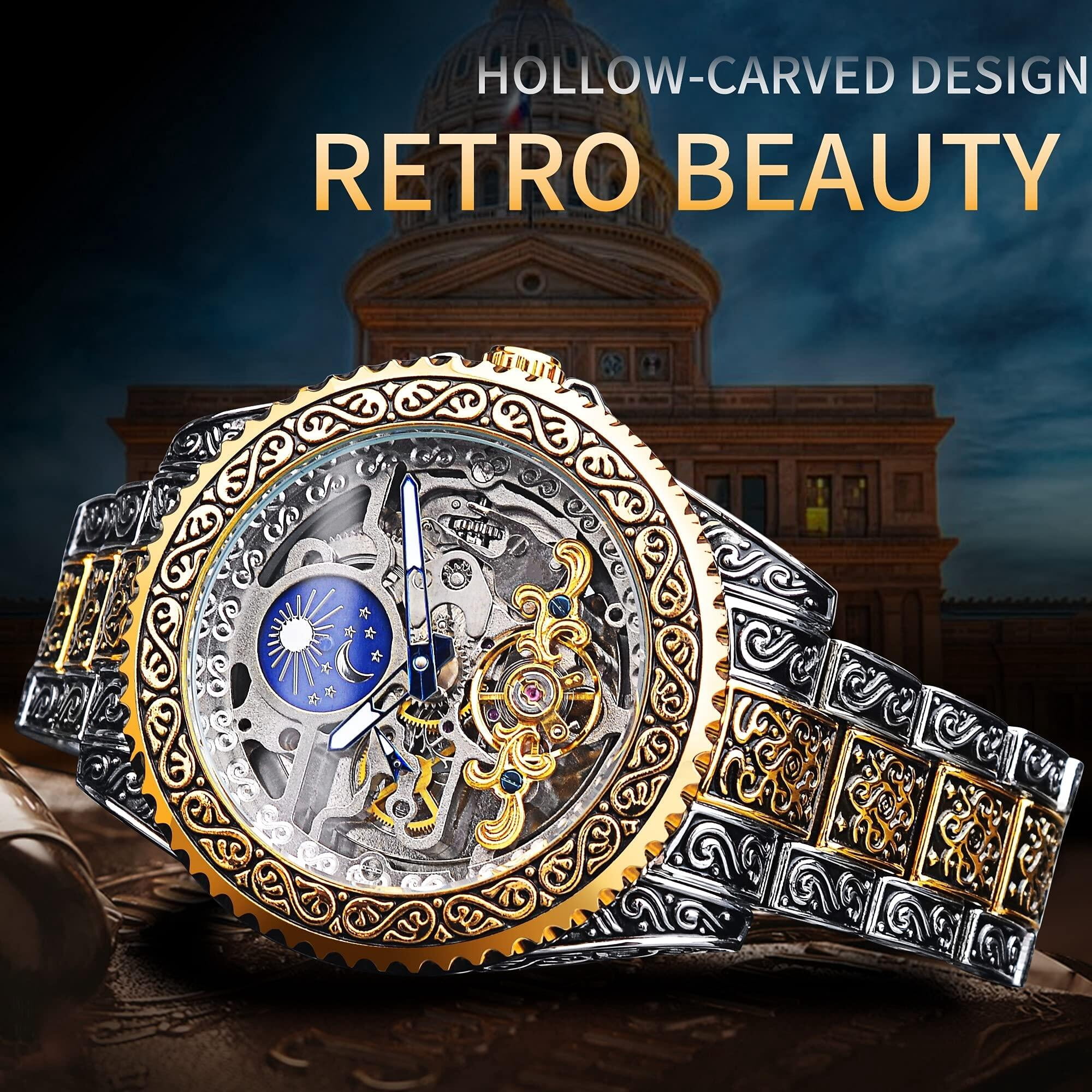 Watch for Men Carved Self-Wind Mechanical Tattoo Tourbillon Moon Phase Independent Seconds Skeleton Automatic Big Dial Wrist Watches