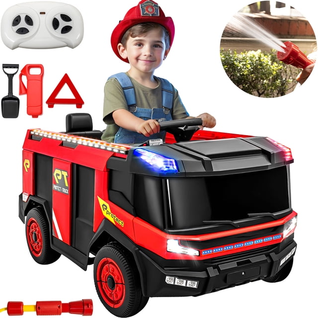 Montable Electrico Camion Bombero 12v Luces, Sonido Y Función De Agua