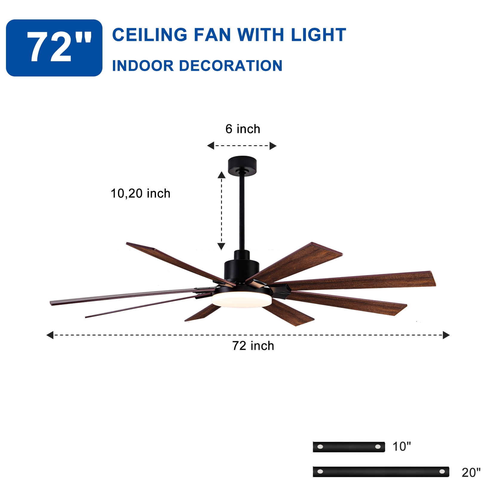 Mintazer 72 in Ceiling Fan with Lights and Remote, Modern Ceiling Fan with 6 Speed & 8 Blade for Farmhouse Bedroom Living Room Gazebo Patio, Brown