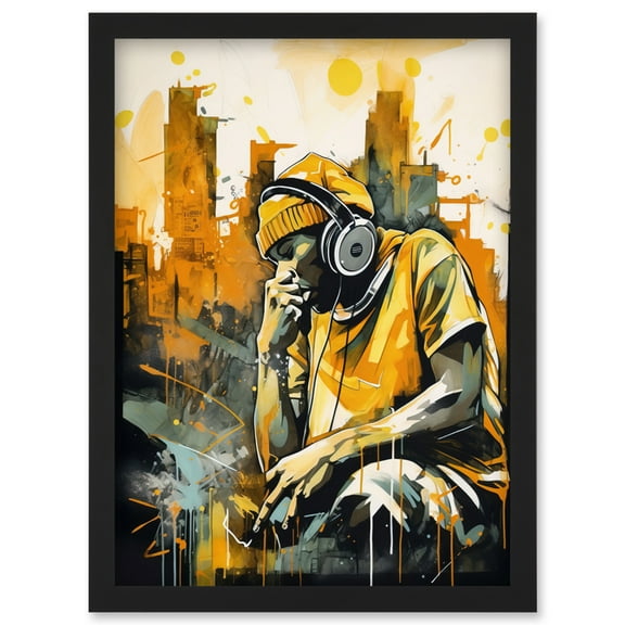 Abstract Cityscape Young Man Wearing Headphones Listening to Music Modern Watercolour Illustration Artwork Framed Wall Art Print A4