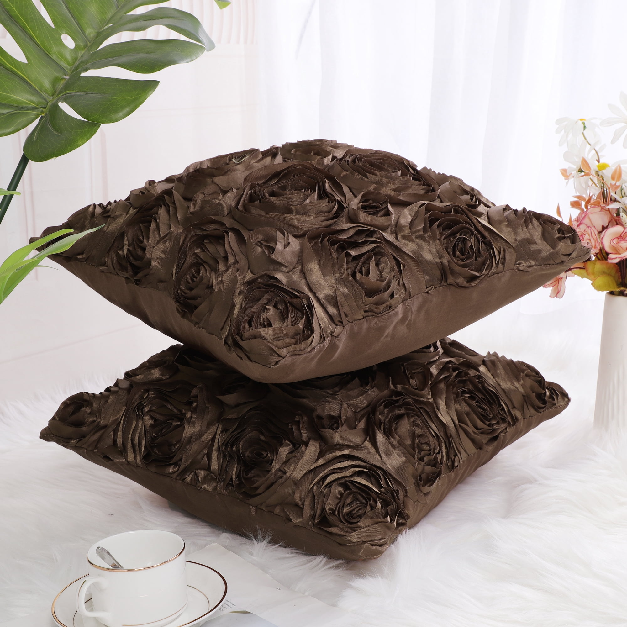 Unique Bargains 2-Pack 3D Flower Decorative Throw Pillow Covers 16" x 16" Coffee Color