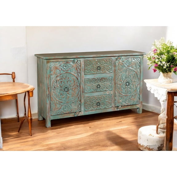 Vivaan Art And Craft Wooden Sideboard Buffet, Indian Hand Carved Design, 2 Door 3 Drawer, 35 x 59 x 16 Inches
