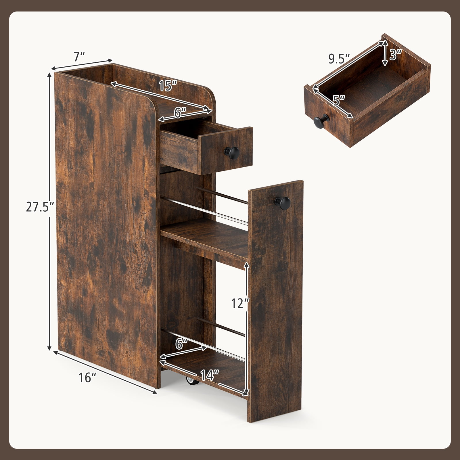 Costway Slim Bathroom Storage Cabinet with Slide Out Drawer Spacious Top Rolling Wheels Rustic Brown