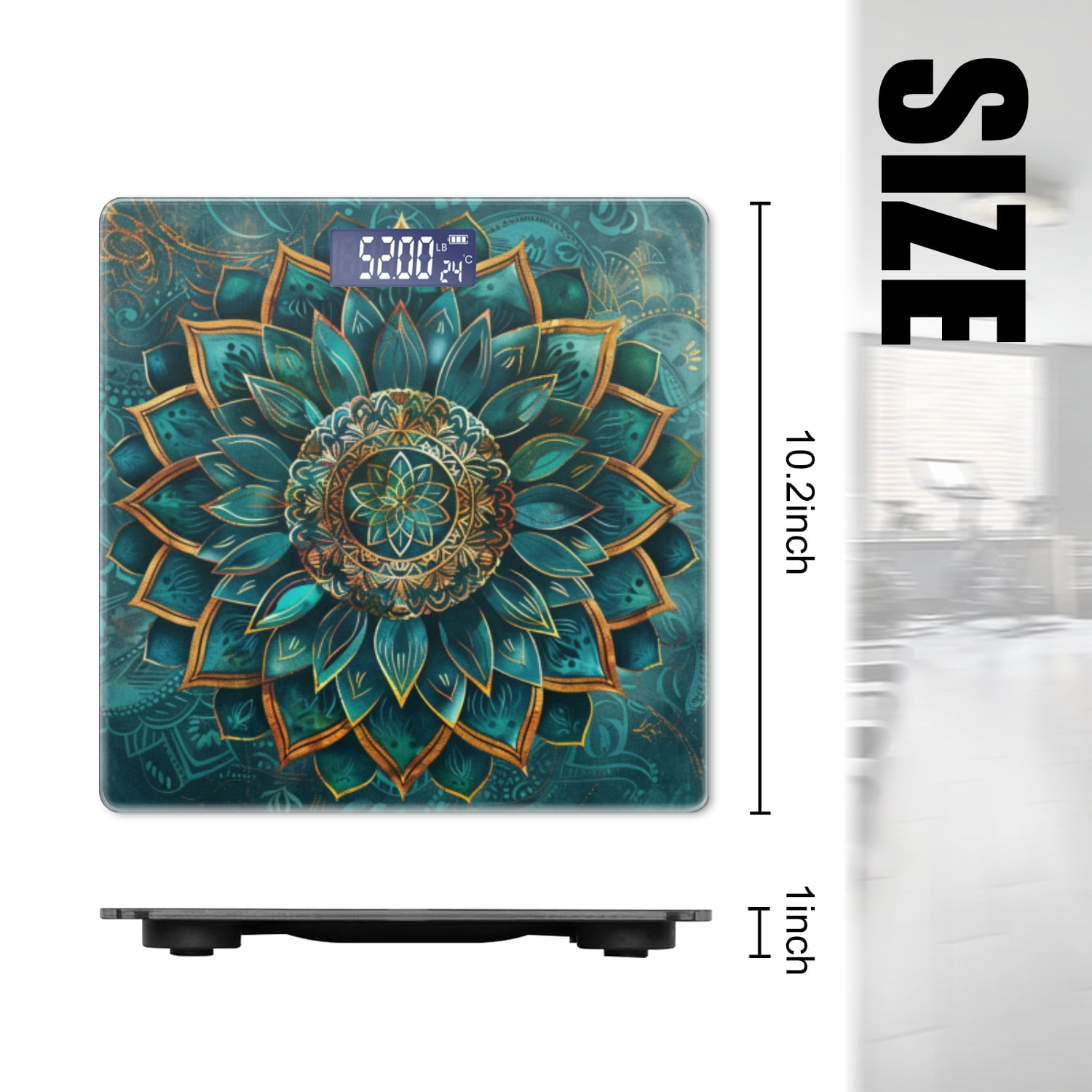 Bathroom Scale, Highly Accurate Digital Body Scale,Precisely Measures Weight up to 400 lbs-Mandala With Lotus Flower In Turquoise And Gold