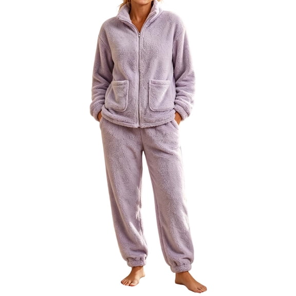 StSilkitty Womens Fleece Pajama 2 Piece Sets Winter Long Sleeve Full Zip Stand Collar Coat and Pants Loungewear Set with Pockets