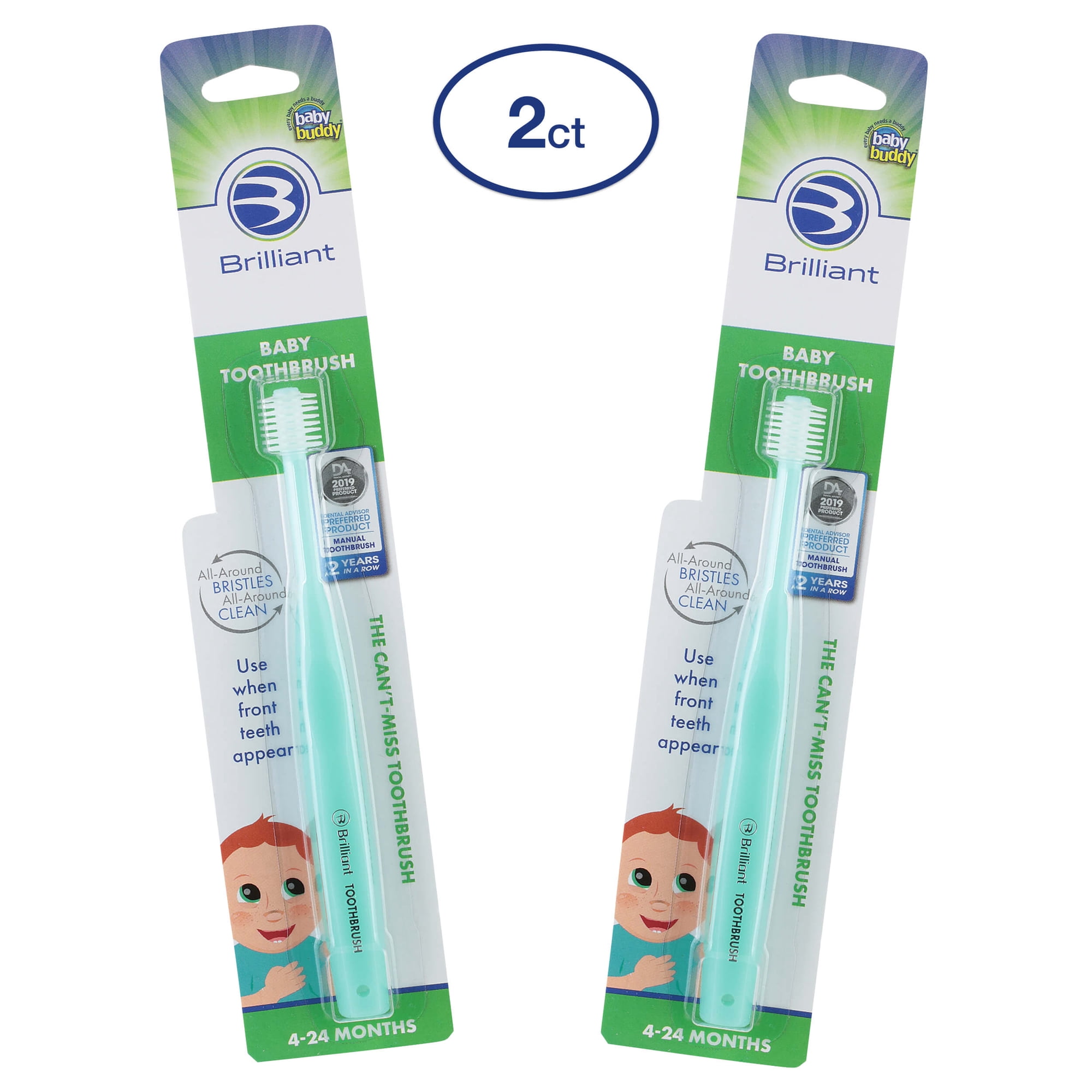 Brilliant Baby Infant Toothbrush - Ages 4-24 Months, Round Head, Soft Bristles, Mint, 2 Pack