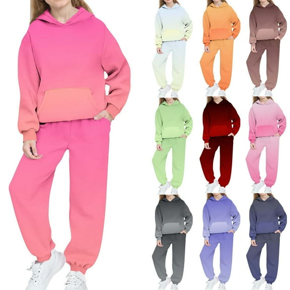 Piuwrlz Hood Sweatsuits Sets 2pcs Teen Girls Fleece Jogger Set Plush Hoodies and Sweatpants Pink Size 10-11Years