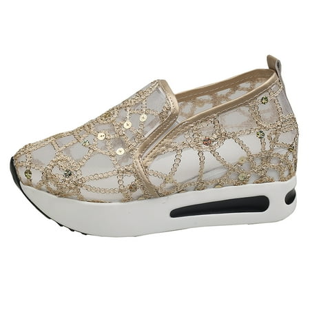 

adviicd Women s Fashion Breathable Mesh Sequins Thick Bottom Comfortable Casual Rocking Shoes Running Shoes for Women (Gold 6)