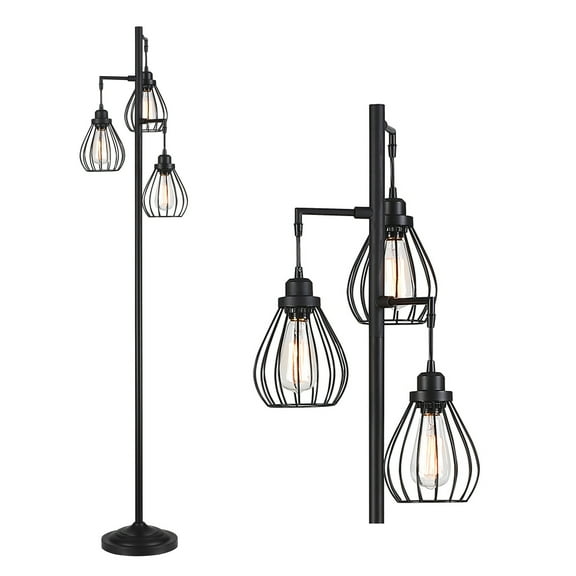69" Industrial Floor Lamps for Living Room, Metal Dimmable Standing Tree Floor Lamp with and Hanging Steel Cage Shade
