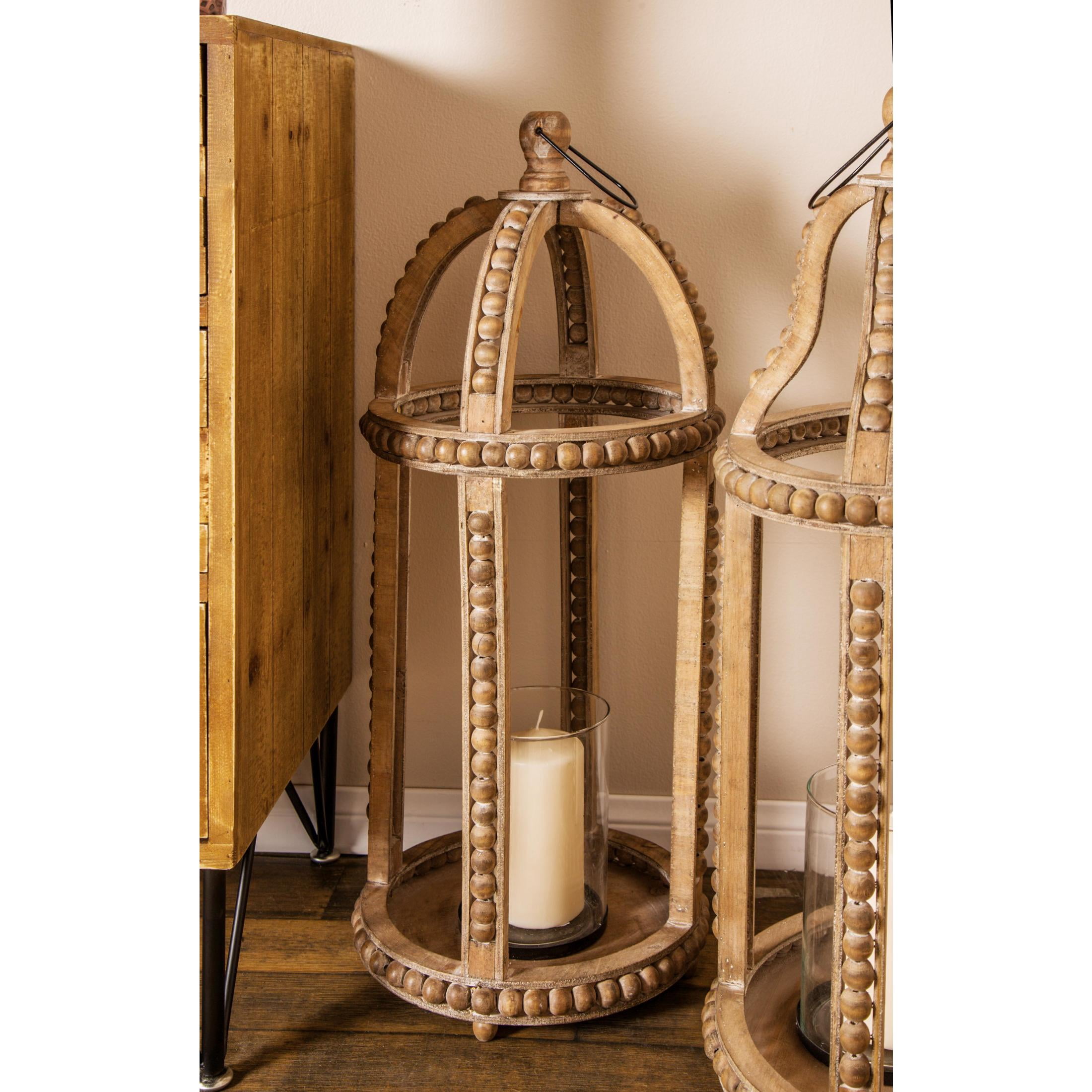 DecMode Brown Reclaimed Wood Beaded Decorative Candle Lantern