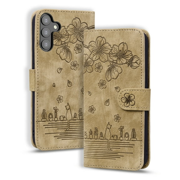 Nalacover for Samsung Galaxy S23 Wallet Case, Flower Cat Embossed Pattern Magnetic Premium PU Leather Soft Silicone Shockproof Cover with Card Slots Holder Kickstand Flip Folio Case,Brown