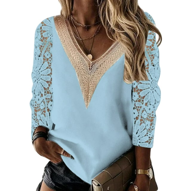 Fashnice Ladies T Shirt 3/4 Sleeve Summer Tops V-Neck Tee Soft Holiday Basic Sky Blue L