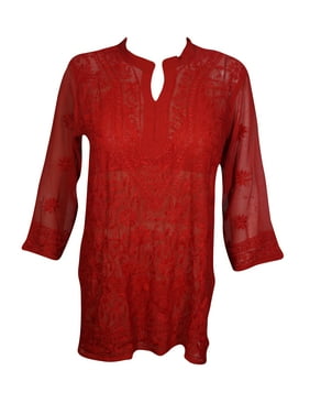 Mogul Womens Beautiful Bright Red Floral Hand Embroidered Tunic Blouse Long Sleeves Georgette Sheer Kurti Cover Up Top Dress XS