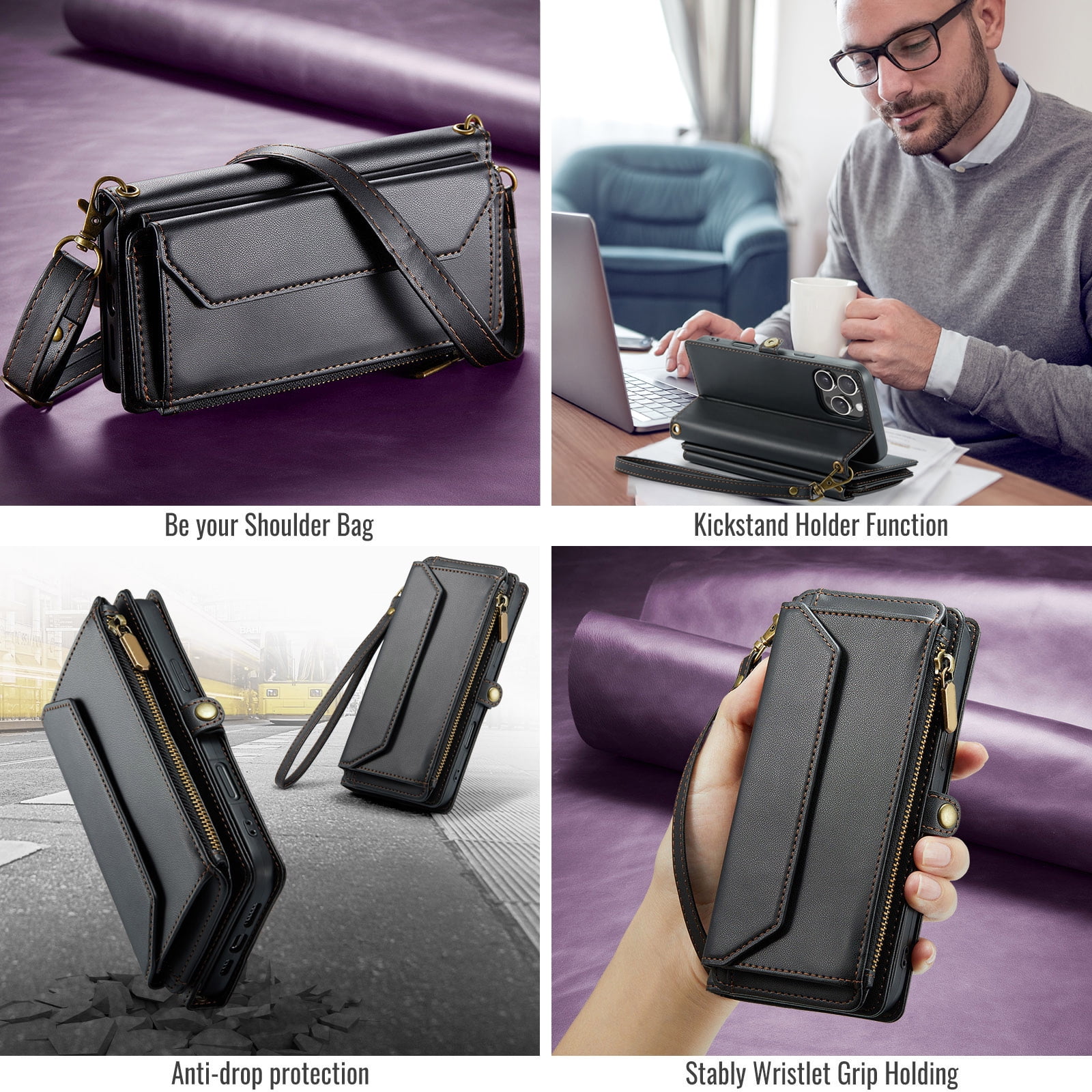 Compatible with iPhone 16 Pro Max 6.9 inch Zipper Wallet Phone Case Tempered Glass Screen Protector Crossbody Lanyard Strap Flip Card Holder Slot Cell Cover for i Phone16 16Pro i16ProMax Women Black